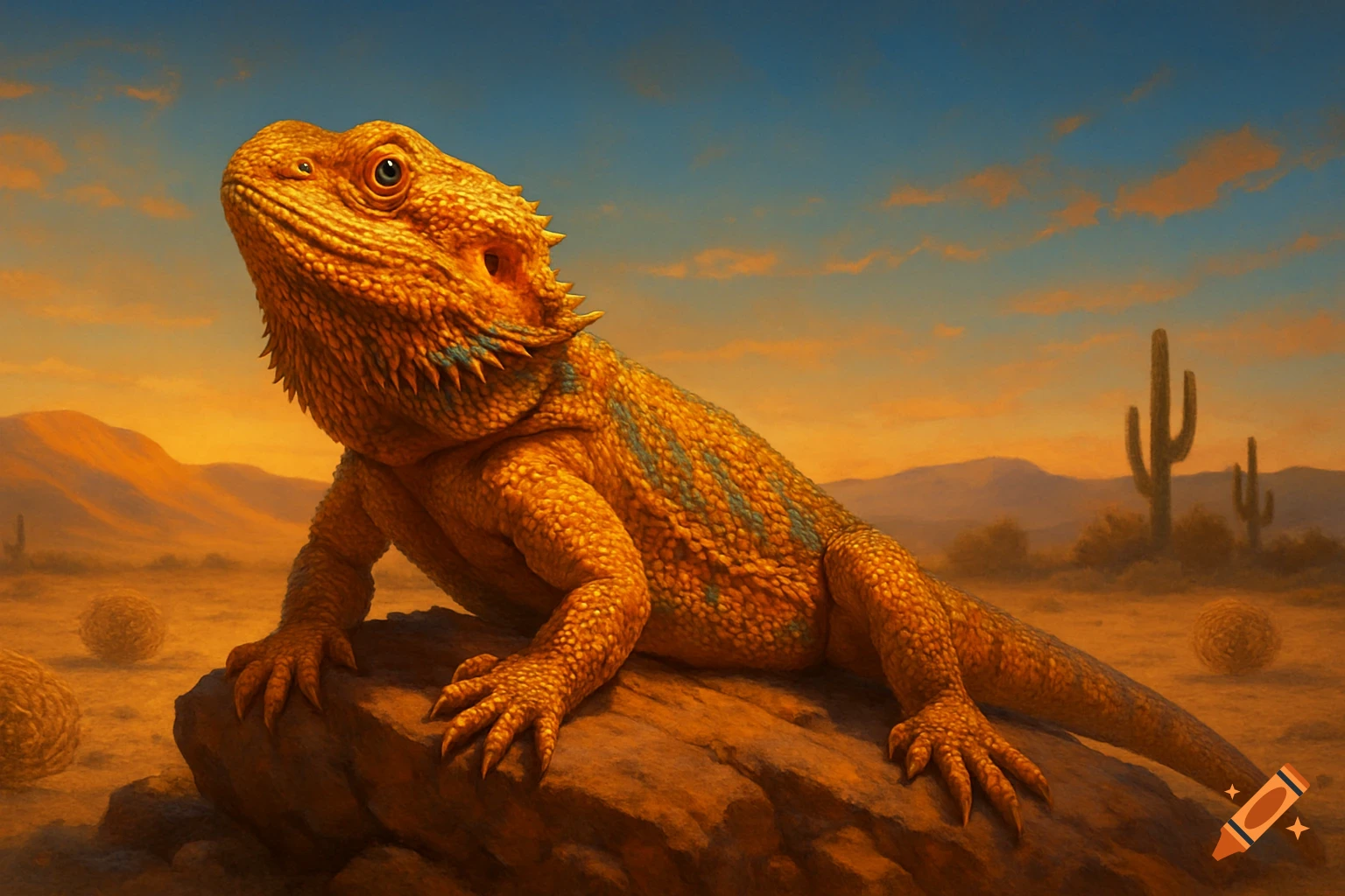 Golden-orange bearded dragon lizard on a rock in a sunny desert with cactuses and mountains under a blue and orange sky.