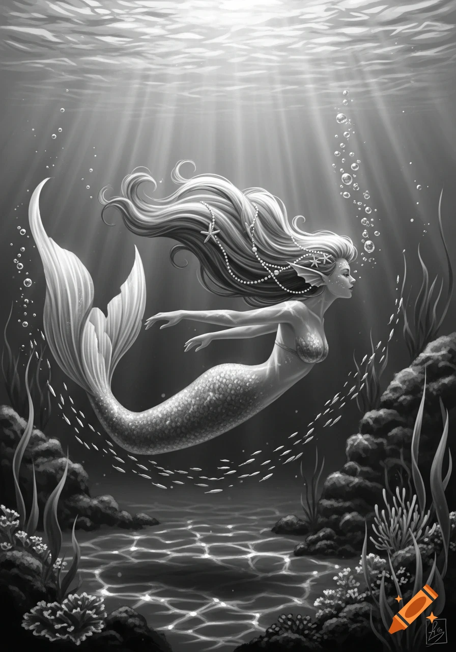 A black and white illustration of a mermaid with long flowing hair and a pearl necklace swimming gracefully underwater.