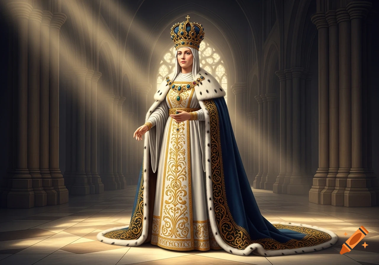 A hyper-realistic portrait of a queen in a white and gold gown and a blue, fur-trimmed cape, wearing a large crown in a gothic hall.