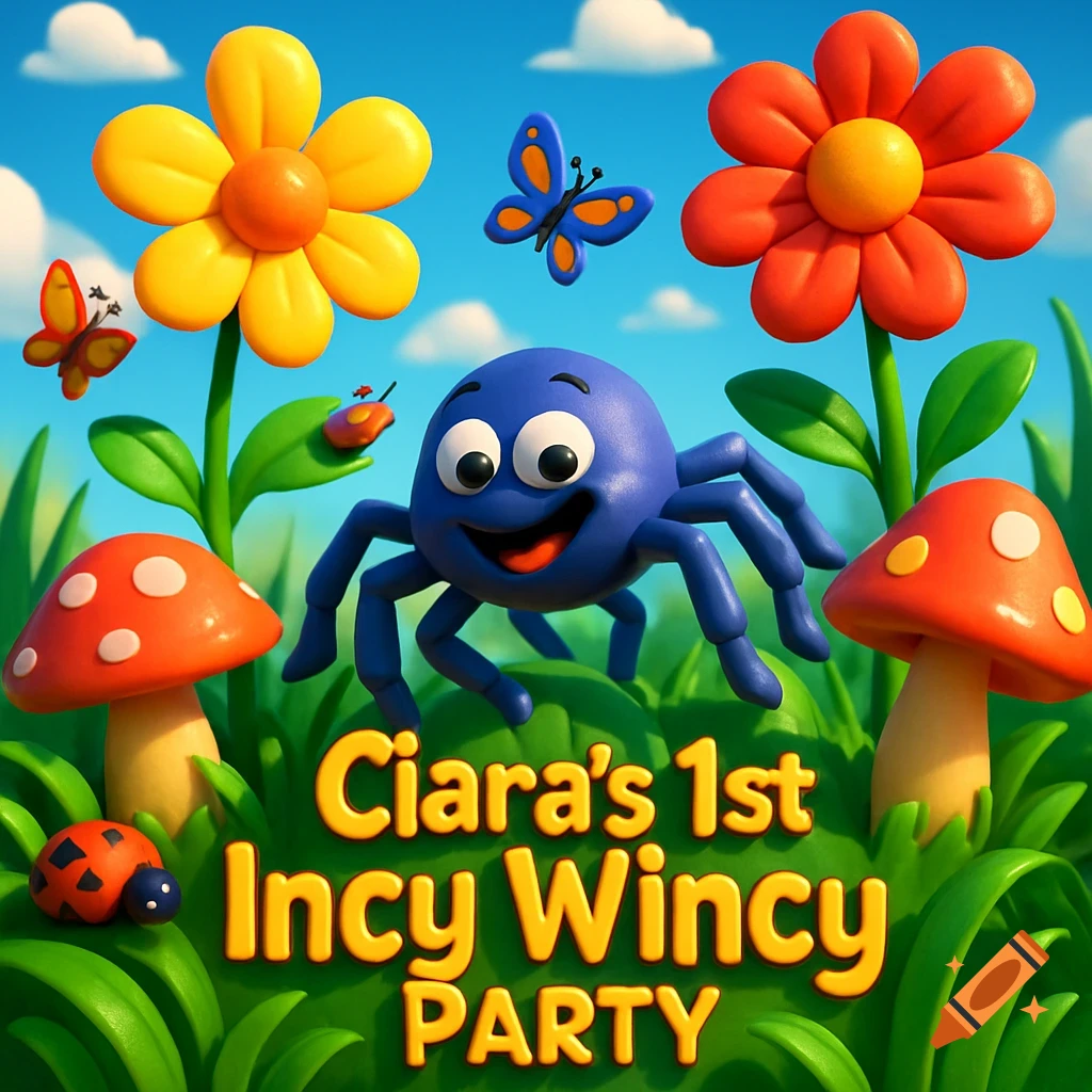 A happy blue cartoon spider, flowers, mushrooms, and butterflies in vibrant grass, with "Ciara's 1st Incy Wincy PARTY" text in a 3D Pixar style.