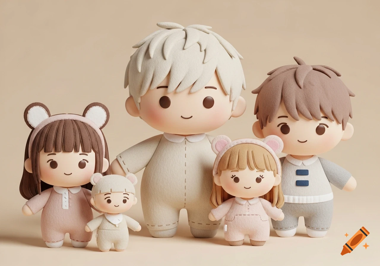Five adorable, pastel-colored plushie-style dolls with soft textures and simplified features stand on a light background.