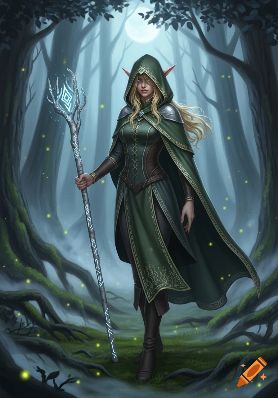 A blonde hooded female elf warrior with a magical staff stands in a misty, enchanted forest under a full moon.