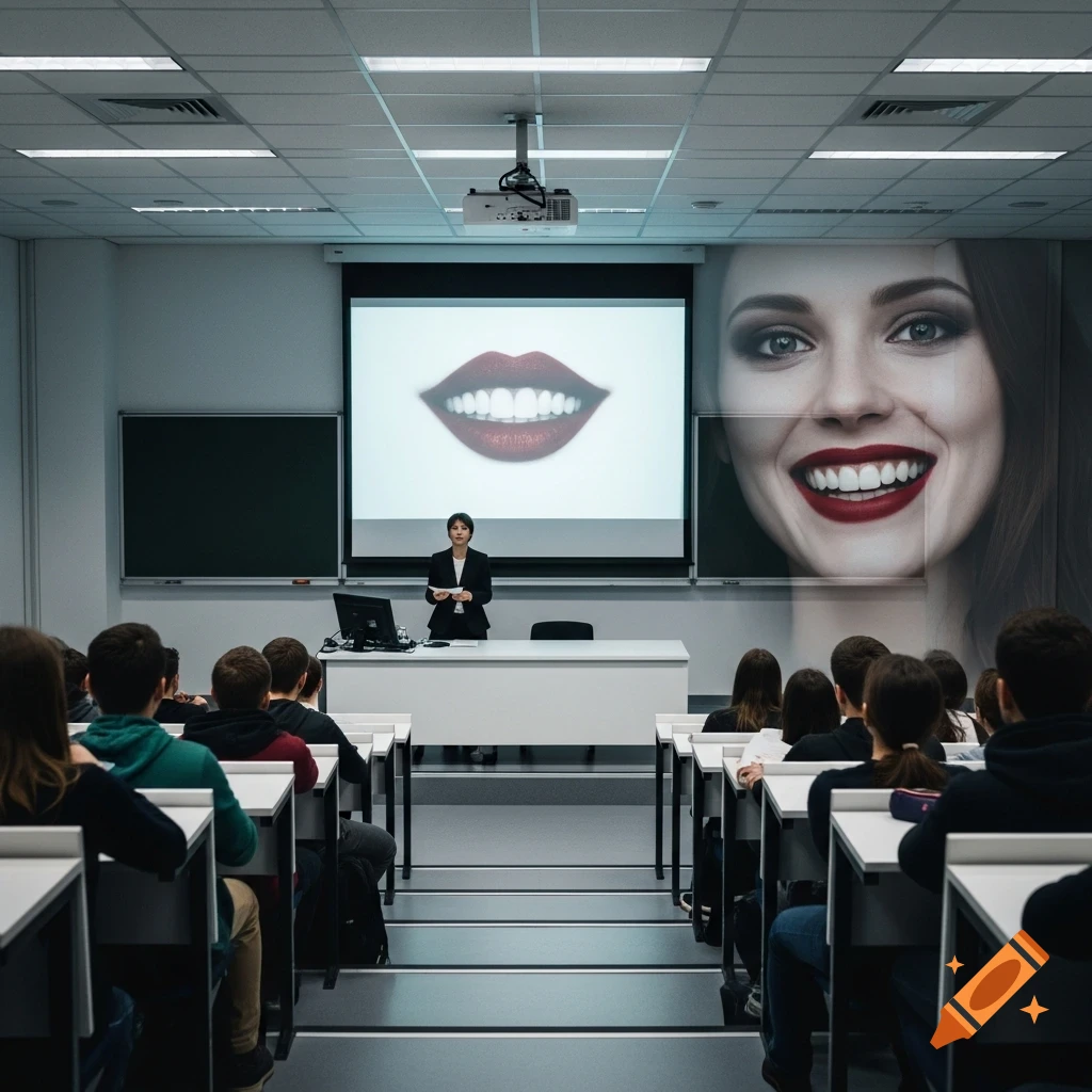 A lecturer stands at a podium in a classroom, presenting an image of a smiling woman's mouth with white teeth on a large projector screen and wall.