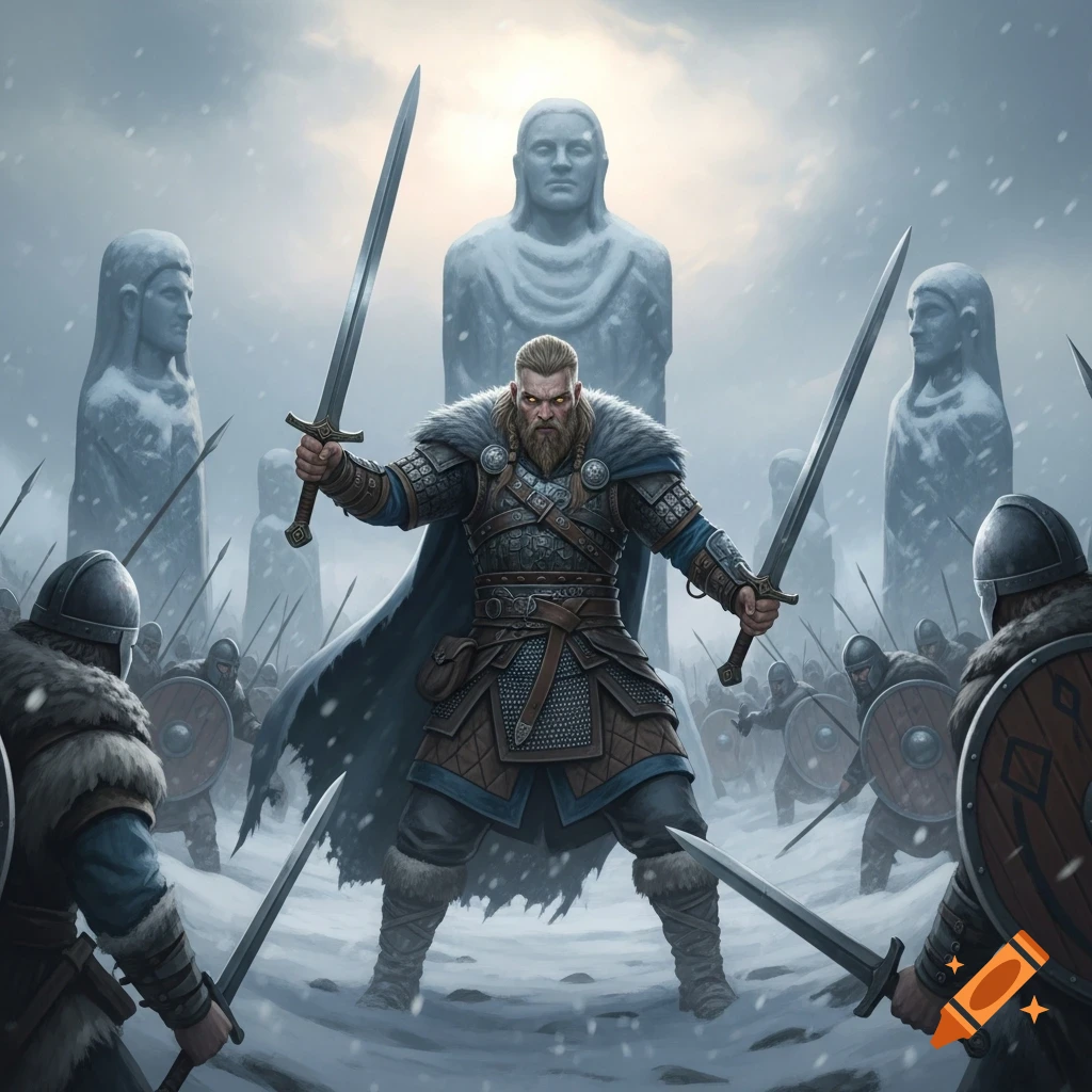 A fierce Viking warrior with dual swords faces other warriors in a snowy landscape, flanked by towering stone statues under a bright sky.