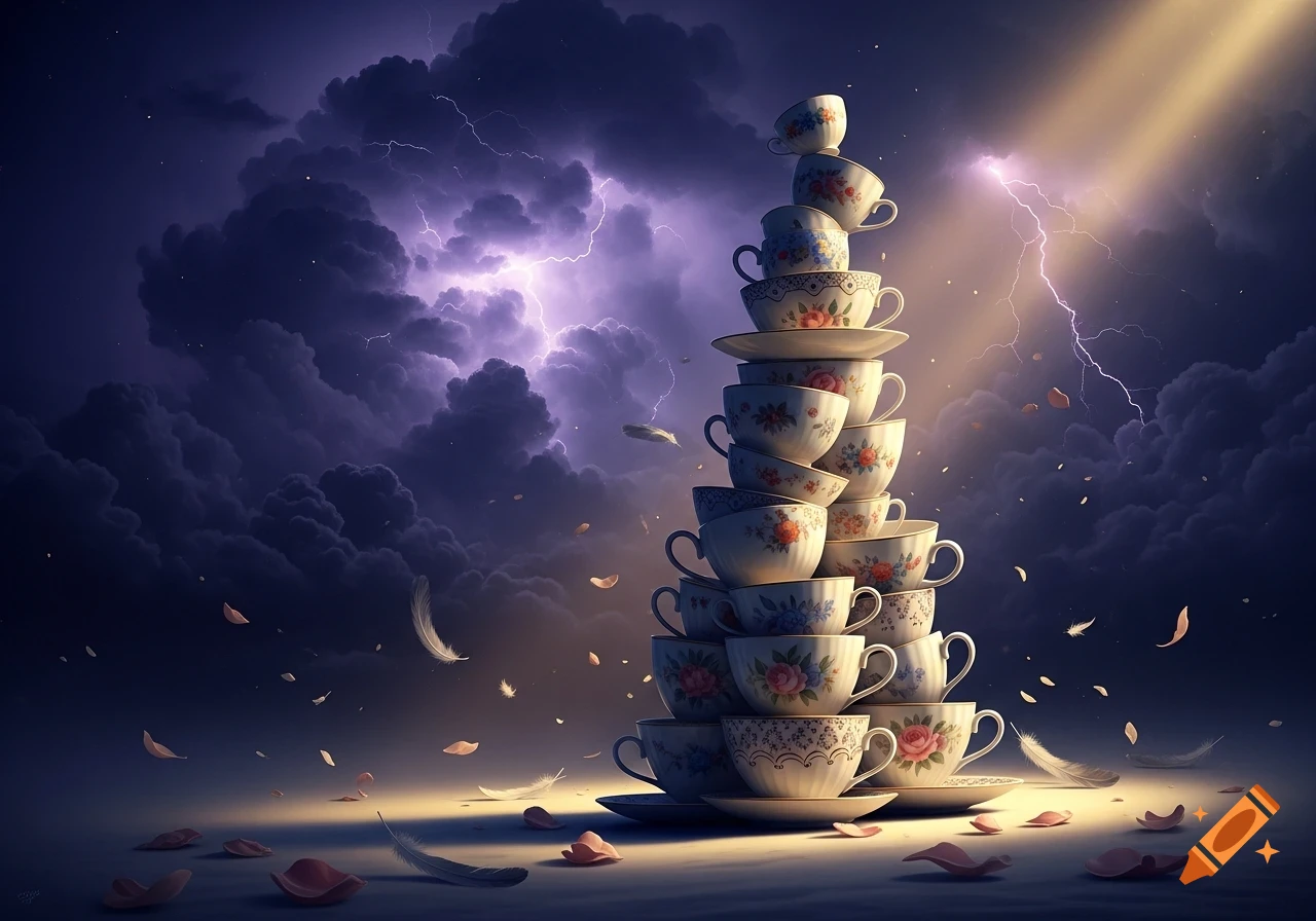 A precarious stack of patterned teacups beneath a dramatic, lightning-filled purple sky, with scattered petals and feathers.