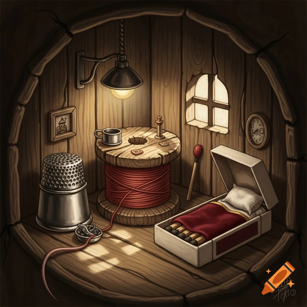Whimsical illustration of a cozy mouse hole house interior with a thread spool table, thimble, and a matchbox bed.