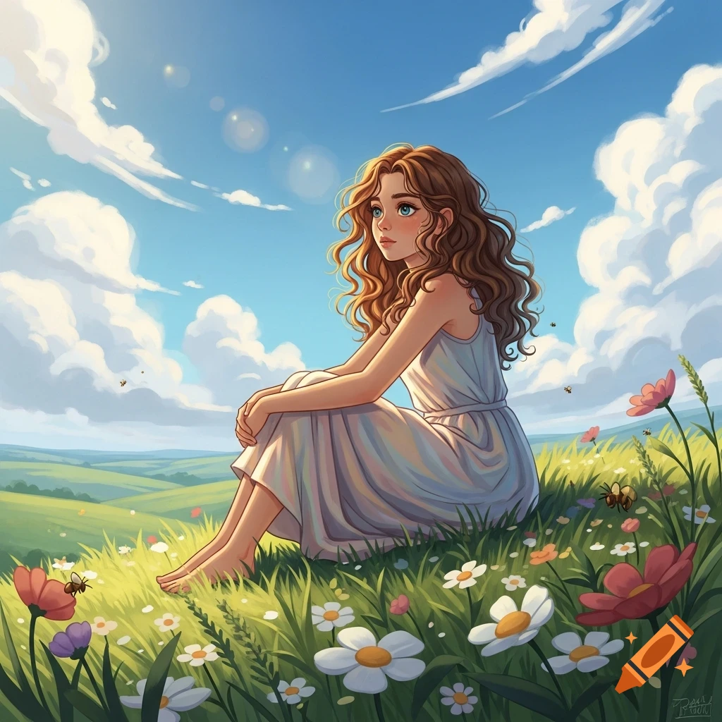 A cartoon girl with long brown hair sits in a sunny green field filled with flowers and bees under a blue sky.