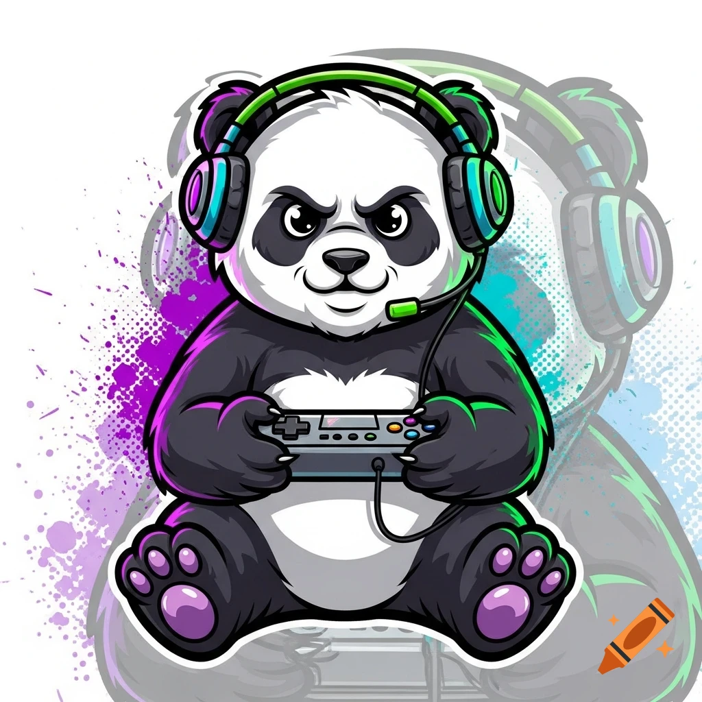 A cartoon panda with a determined expression wearing green and purple gaming headphones and holding a video game controller, against a splattered background.