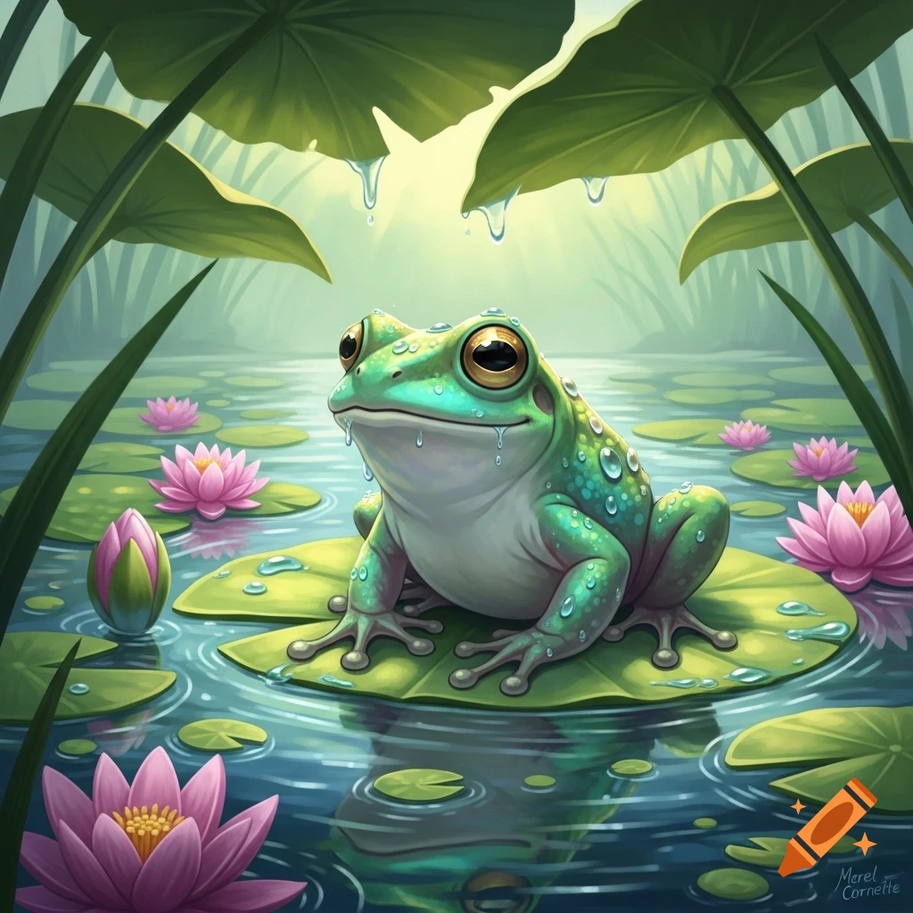 A cute, vibrant green frog with large eyes sits on a lily pad in a pond with pink water lilies, in an illustrative style.