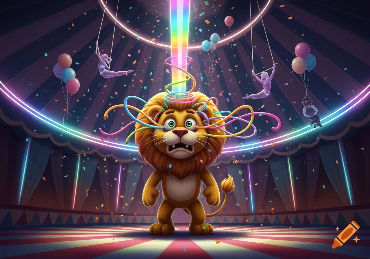 A scared cartoon lion with colorful wires on its head stands in a vibrant, neon-lit circus tent with confetti, balloons, and acrobats.