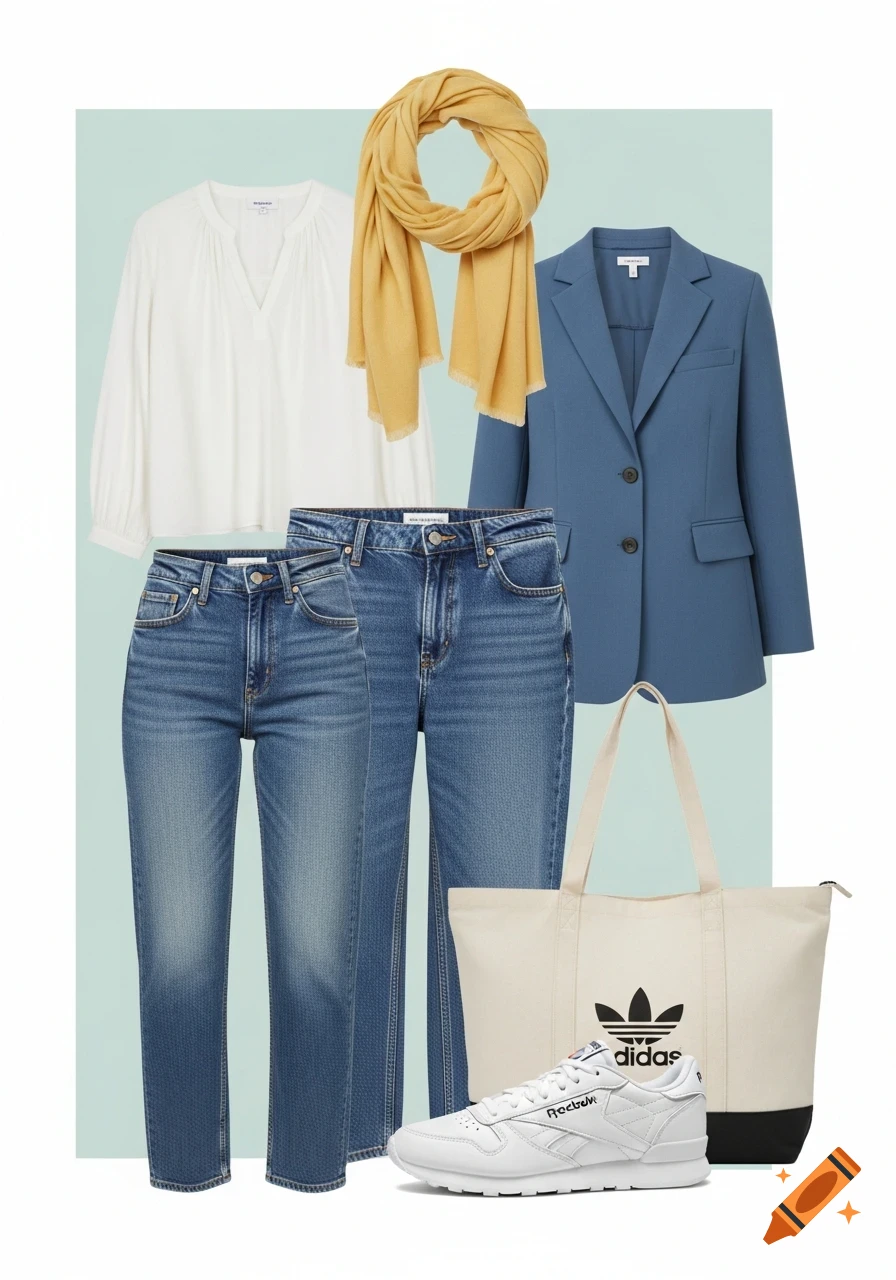 Flat lay of women's fashion: white blouse, blue blazer, blue jeans, yellow scarf, cream Adidas tote bag, and white Reebok sneakers.