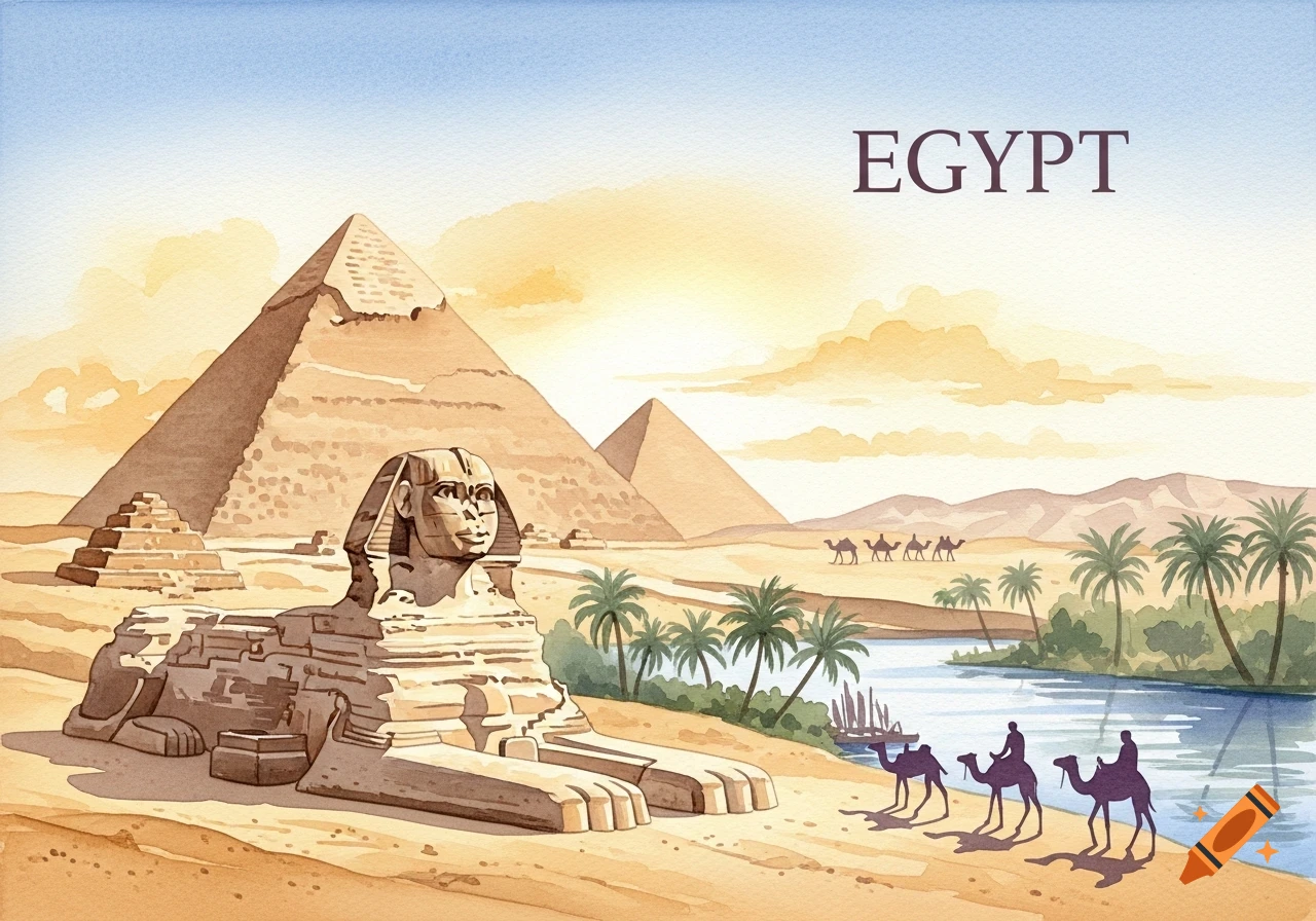 Watercolor illustration of the Sphinx, pyramids, camels, and river in the Egyptian desert under a sunny sky, with 'EGYPT' text.