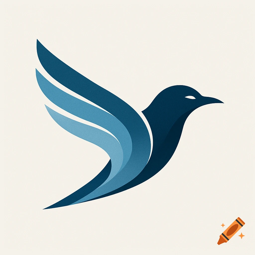 Minimalist logo of a blue bird with layered wings.