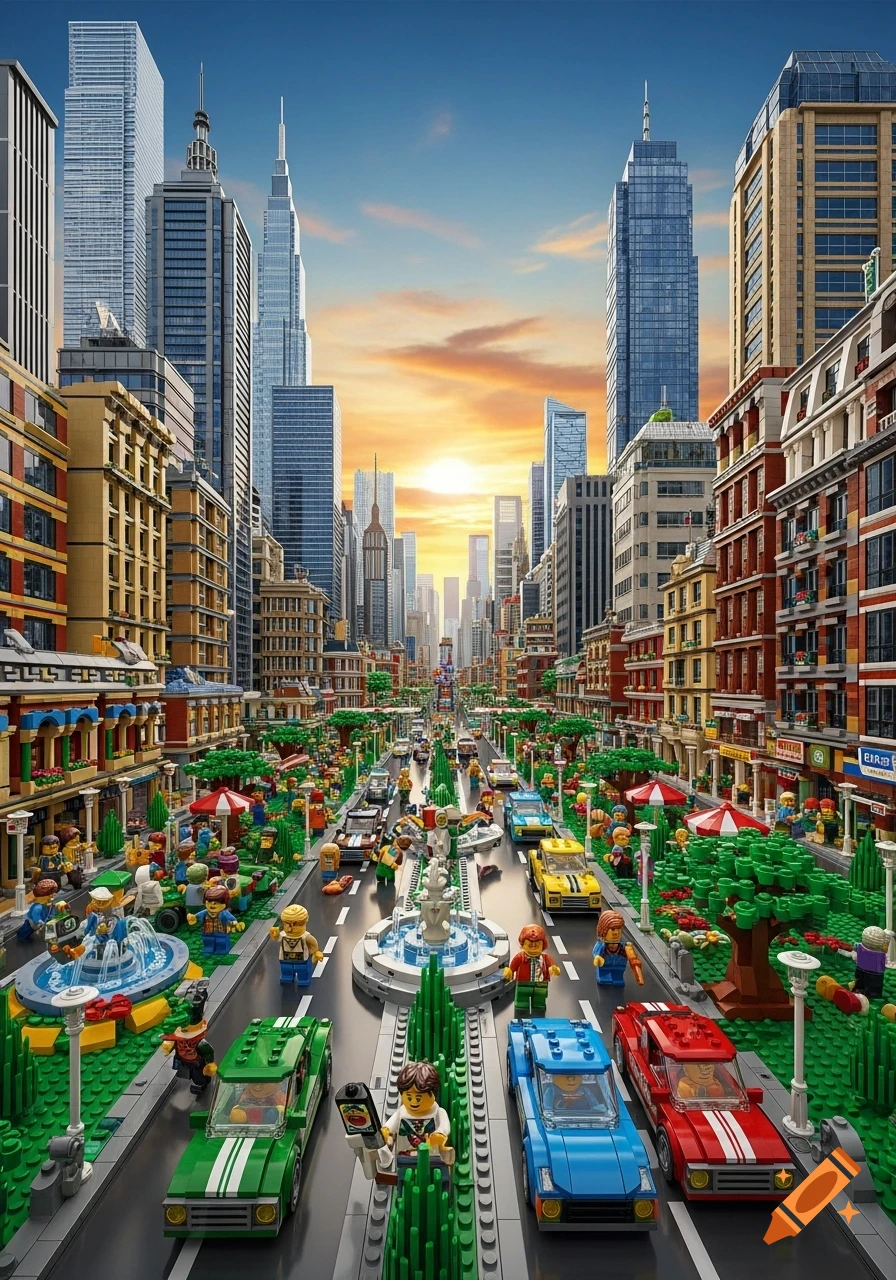 A vibrant, detailed Lego city street at sunset, with numerous buildings, cars, and minifigures bustling around a central fountain.