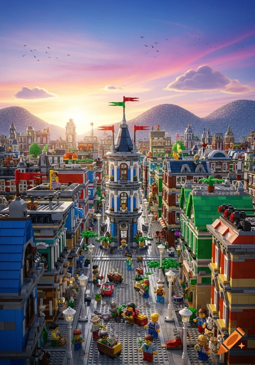 A vibrant, colorful Lego city with a central tower, bustling streets with minifigures, and mountains under a sunset sky.
