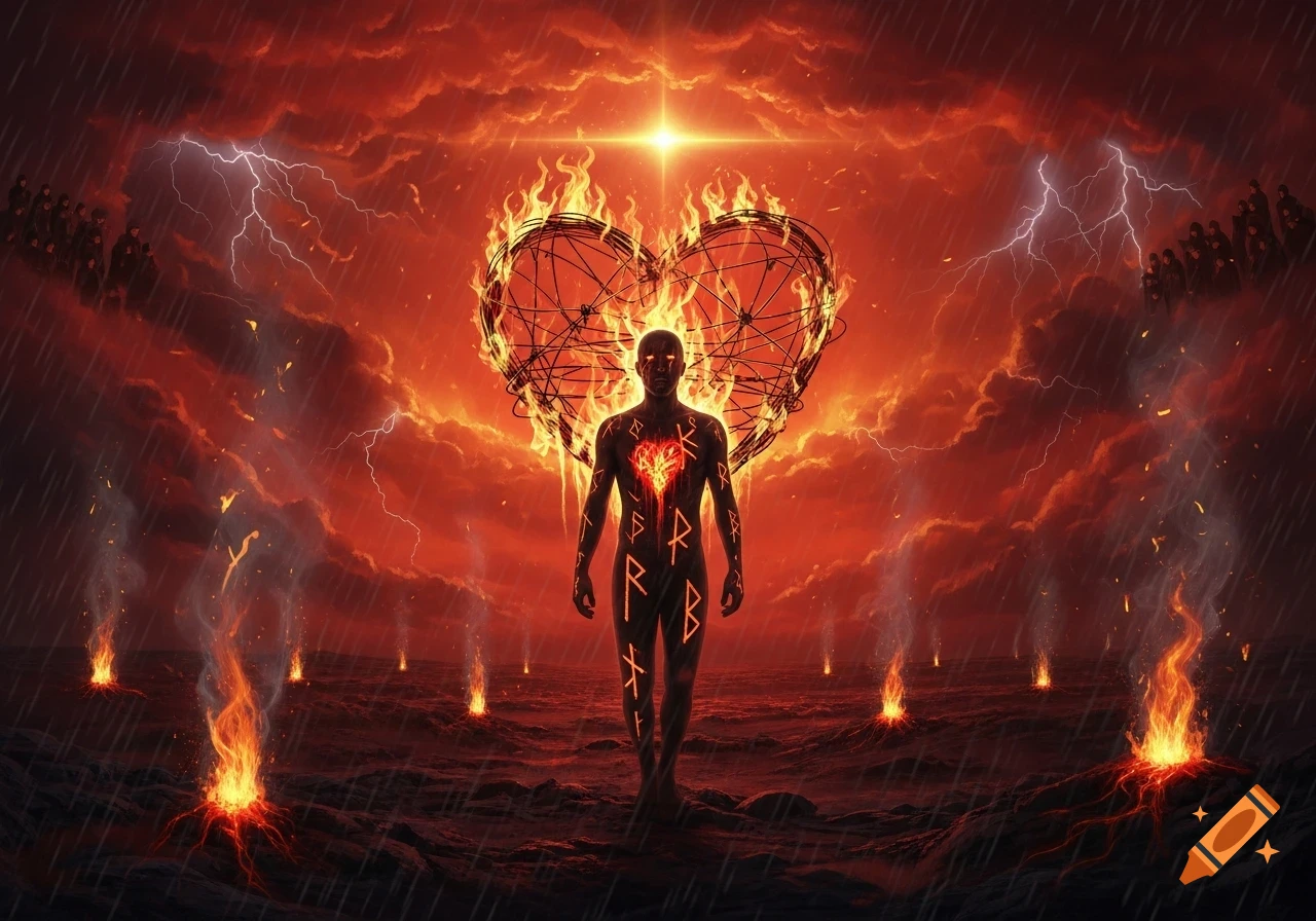 A dark figure with glowing runes and a fiery heart stands in a stormy, burning ocean under a red sky, with a flaming wireframe heart behind them.