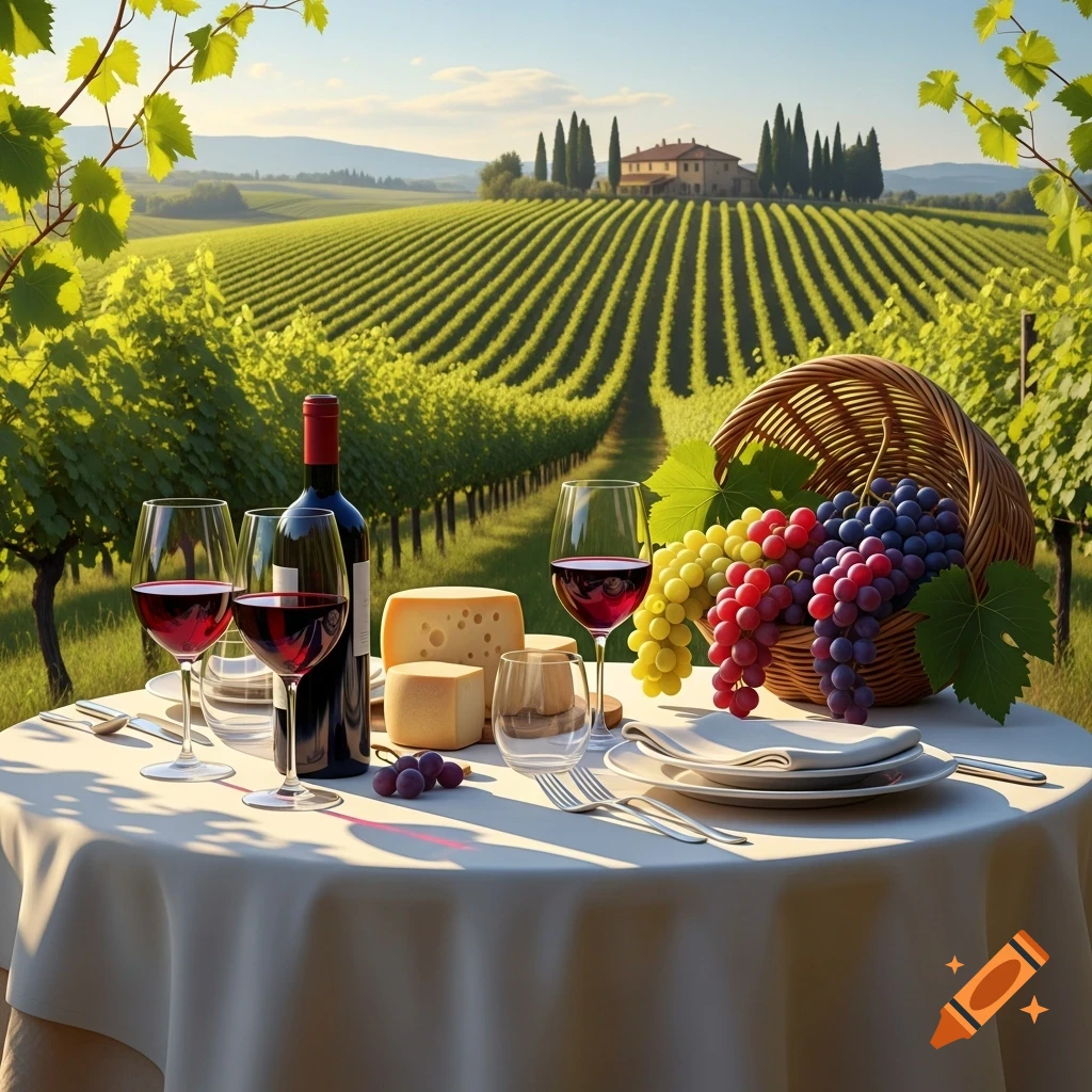 A table with red wine, cheese, and colorful grapes overlooking a sunny vineyard with rolling hills and a distant building.