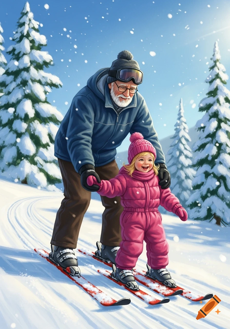 An old man in ski gear helps a young girl in a pink snowsuit learn to ski on a snowy slope with pine trees.