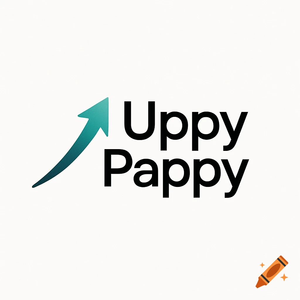 A logo featuring an upward-curving teal arrow next to the black text 'Uppy Pappy' on a white background.