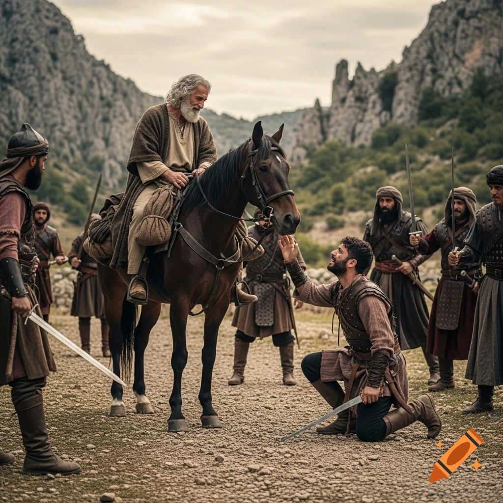 An old man with a white beard rides a horse, looking down at a young man kneeling before him, who reaches out his hands. Other armed men surround them in a rugged mountain landscape.