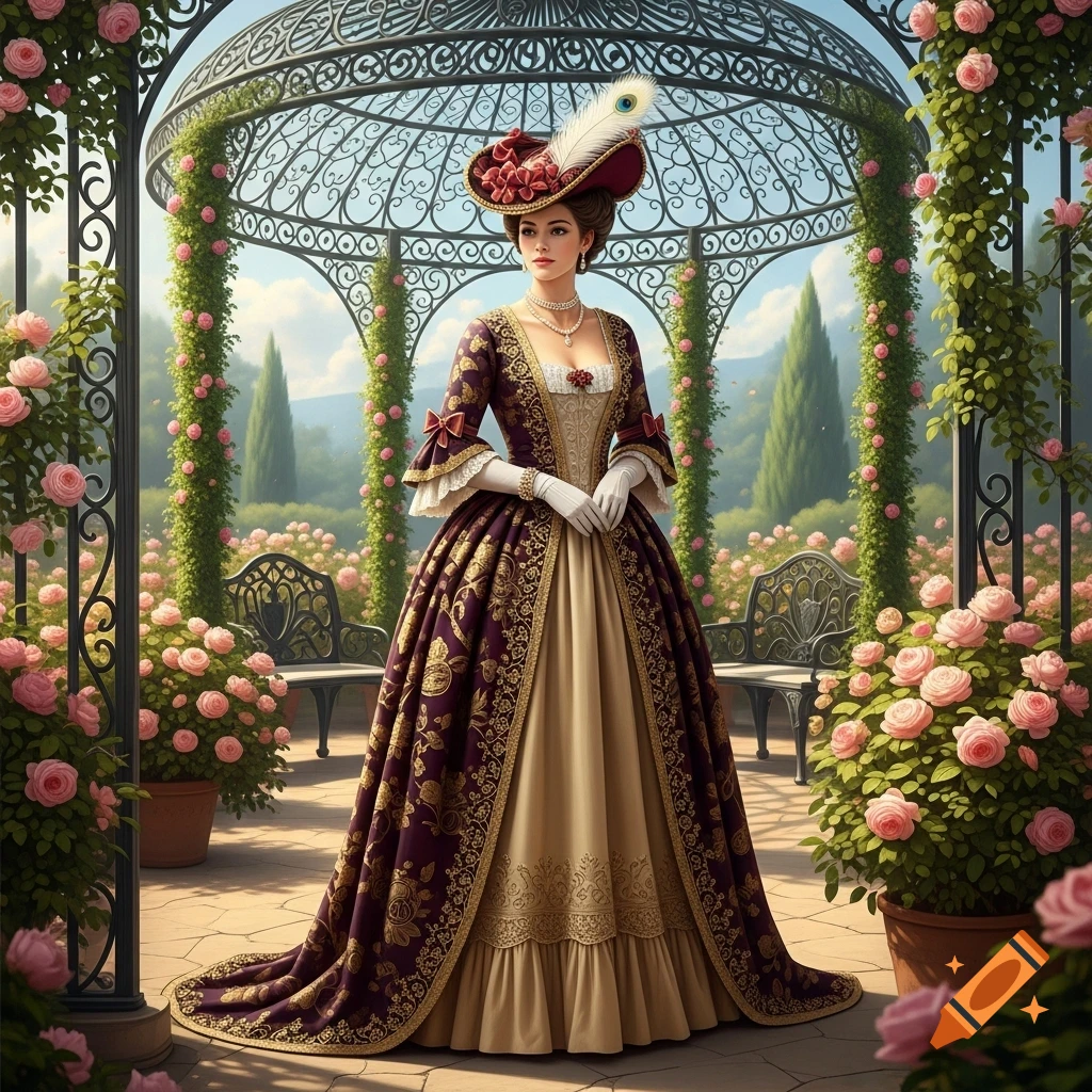 Woman in a purple and gold rococo gown and feathered hat stands in a rose garden with an ornate gazebo.