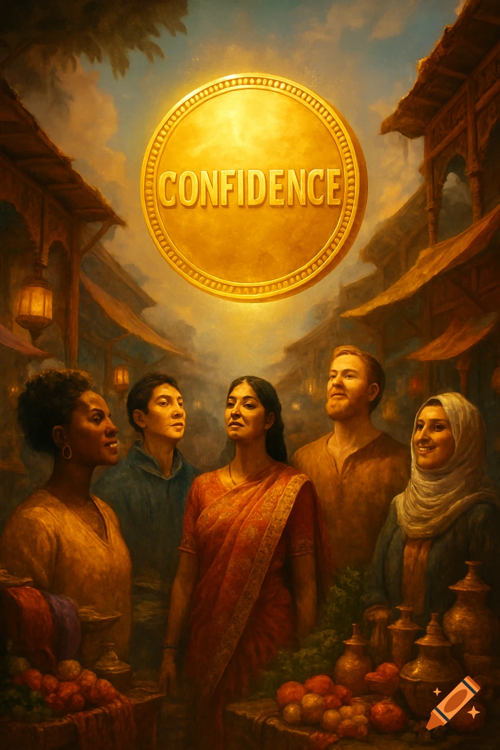 A diverse group of people in a painted marketplace look up at a glowing golden coin inscribed with 'CONFIDENCE'.