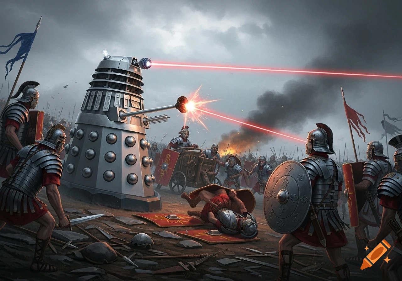 A metallic Dalek fires red laser beams at Roman soldiers, who are in formation with shields and spears during a chaotic battle.