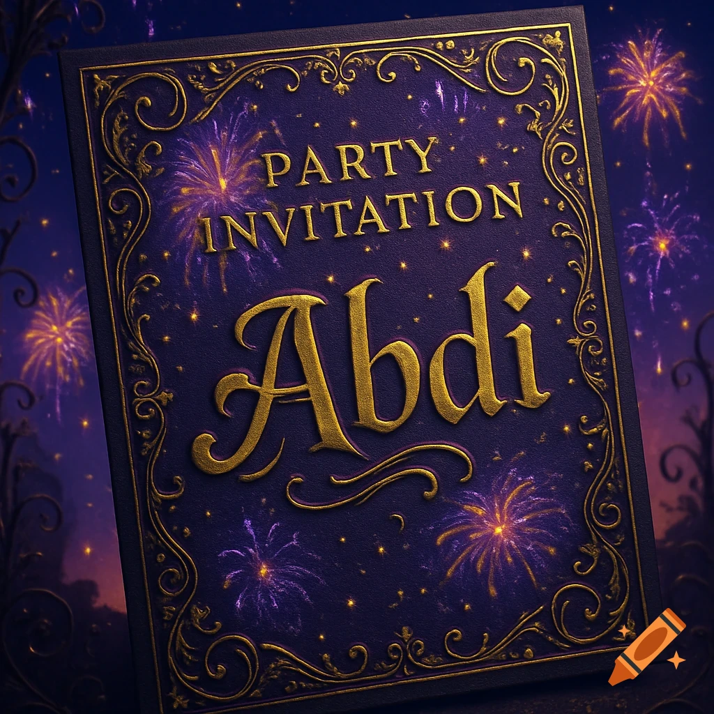 A dark purple ornate party invitation with gold lettering "PARTY INVITATION Abdi" and glowing fireworks in the background.