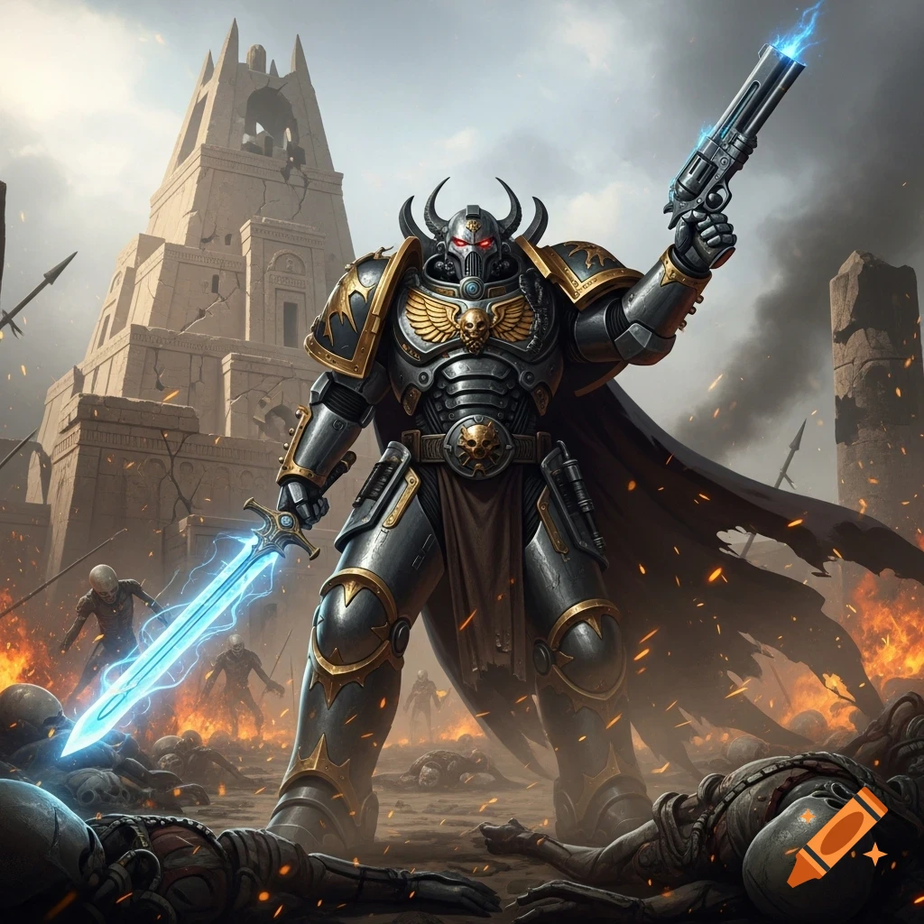 A heavily armored dark sci-fi warrior in power armor holds a glowing sword and futuristic revolver on a battlefield with alien corpses and destroyed ancient ruins.