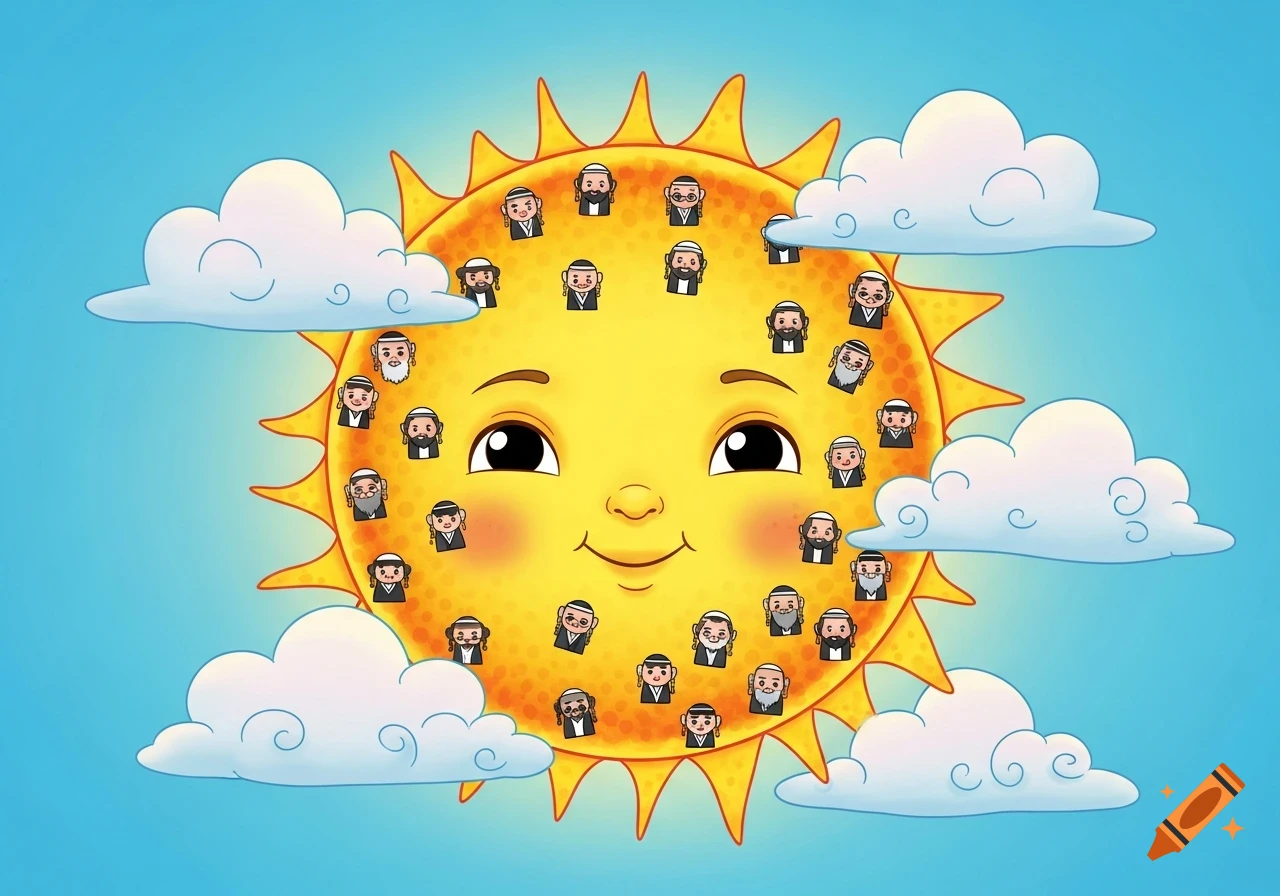 A happy cartoon sun with many small cartoon heads of men wearing yarmulkes and beards, surrounded by clouds in a blue sky.