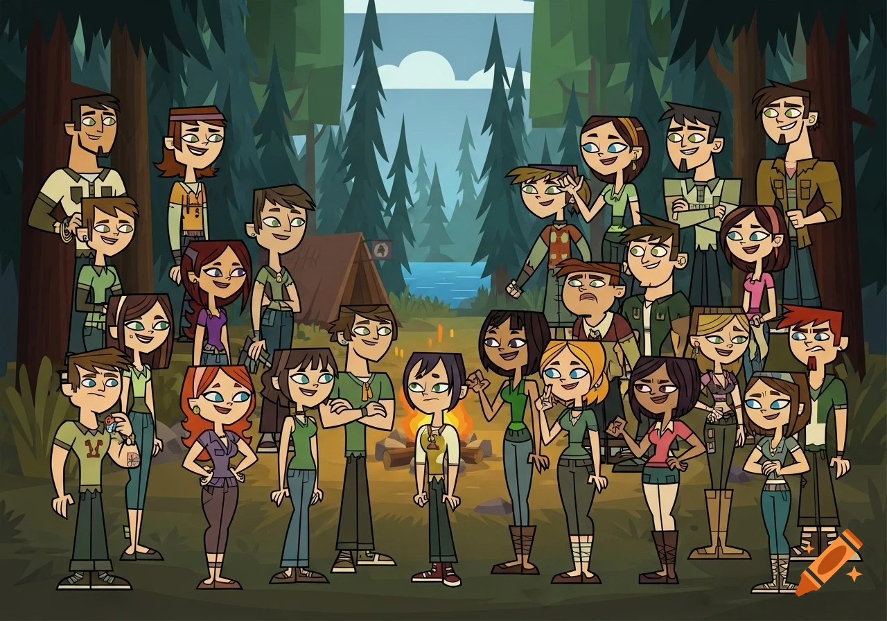 A large group of 19 cartoon characters in the style of Total Drama Island standing in a forest campsite around a campfire.