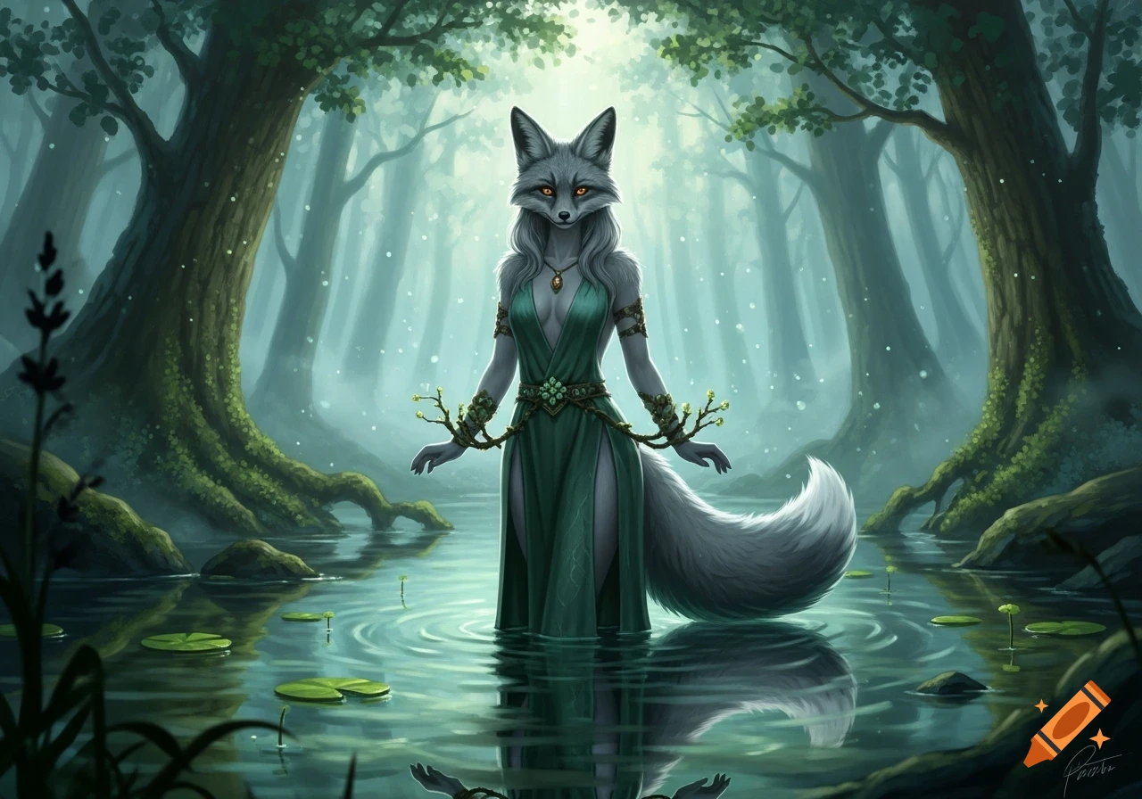 A graceful gray fox woman with silvery fur and glowing amber eyes stands in shallow water in a mystical forest, wearing a green dress.