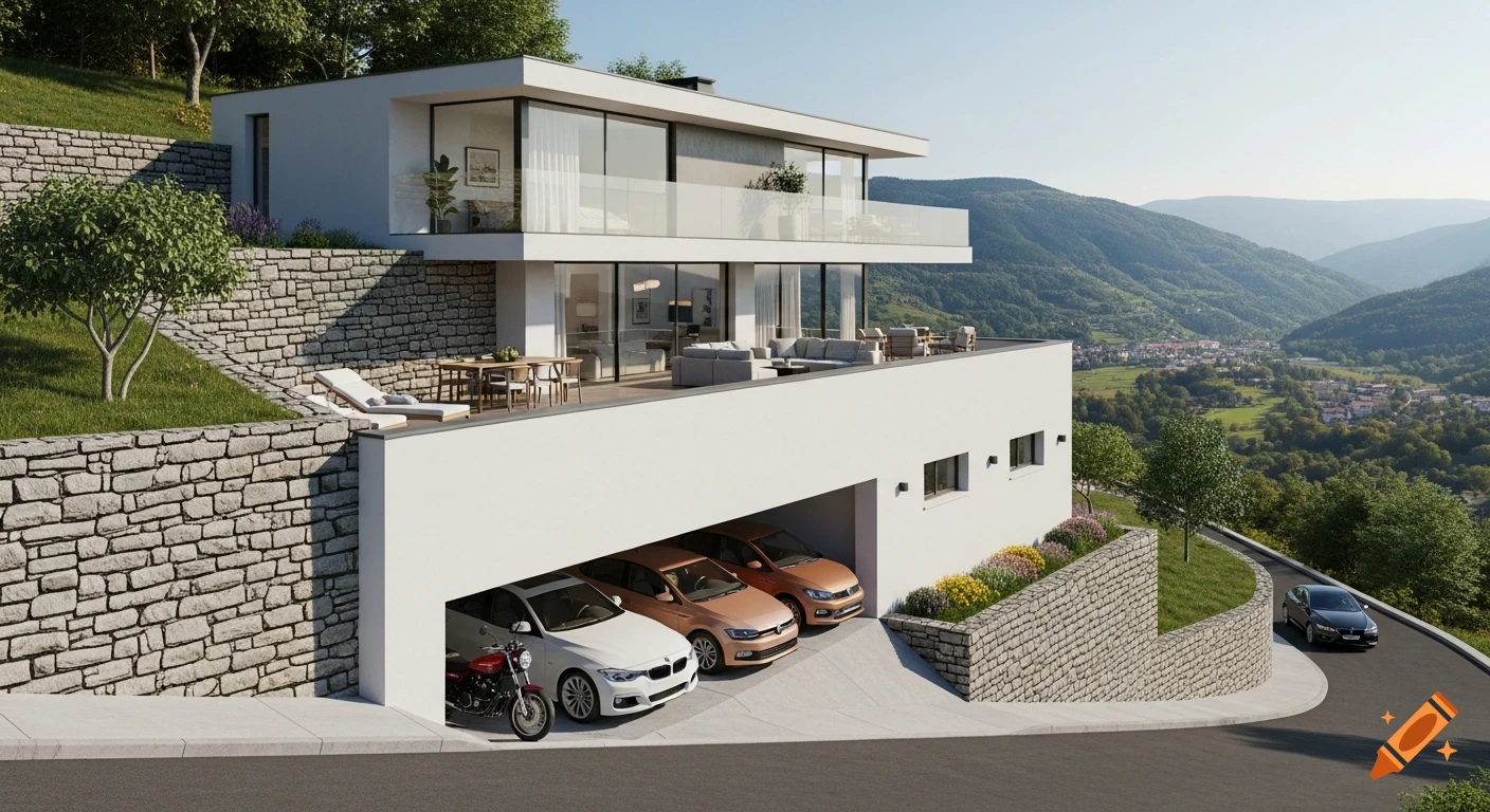 A modern white house with a multi-car garage built into a steep hillside overlooking a green valley with mountains.