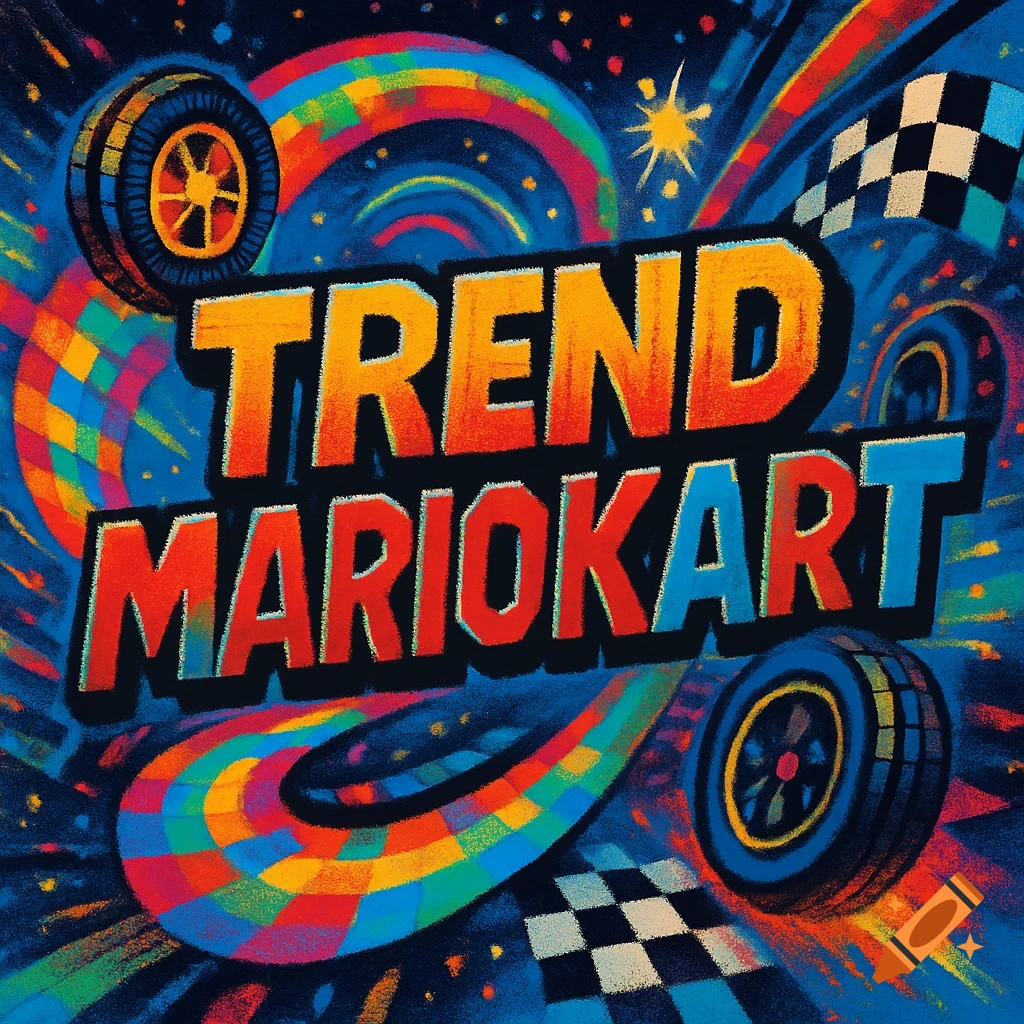 Colorful, stylized 'TREND MARIOKART' text with racing wheels, a checkered flag, and rainbow tracks on a dark blue background.