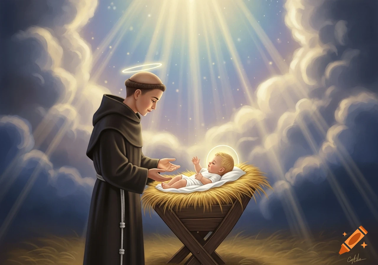 An illustration of a young saint in a brown robe looking at baby Jesus in a manger, bathed in heavenly light from clouds.