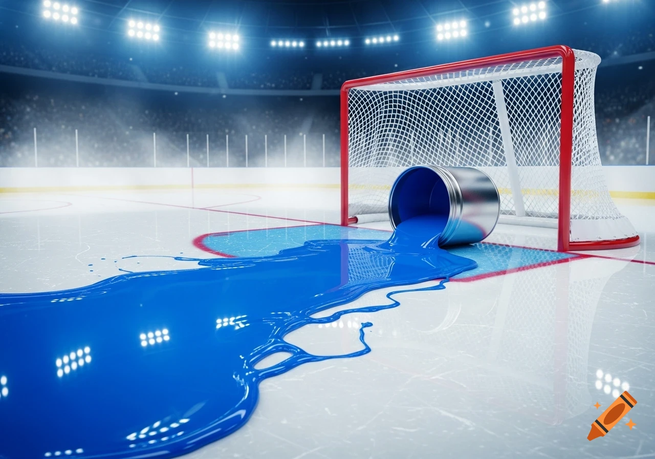 A silver paint can spills bright blue paint onto the white ice of a hockey rink, flowing towards a red and white goal net.