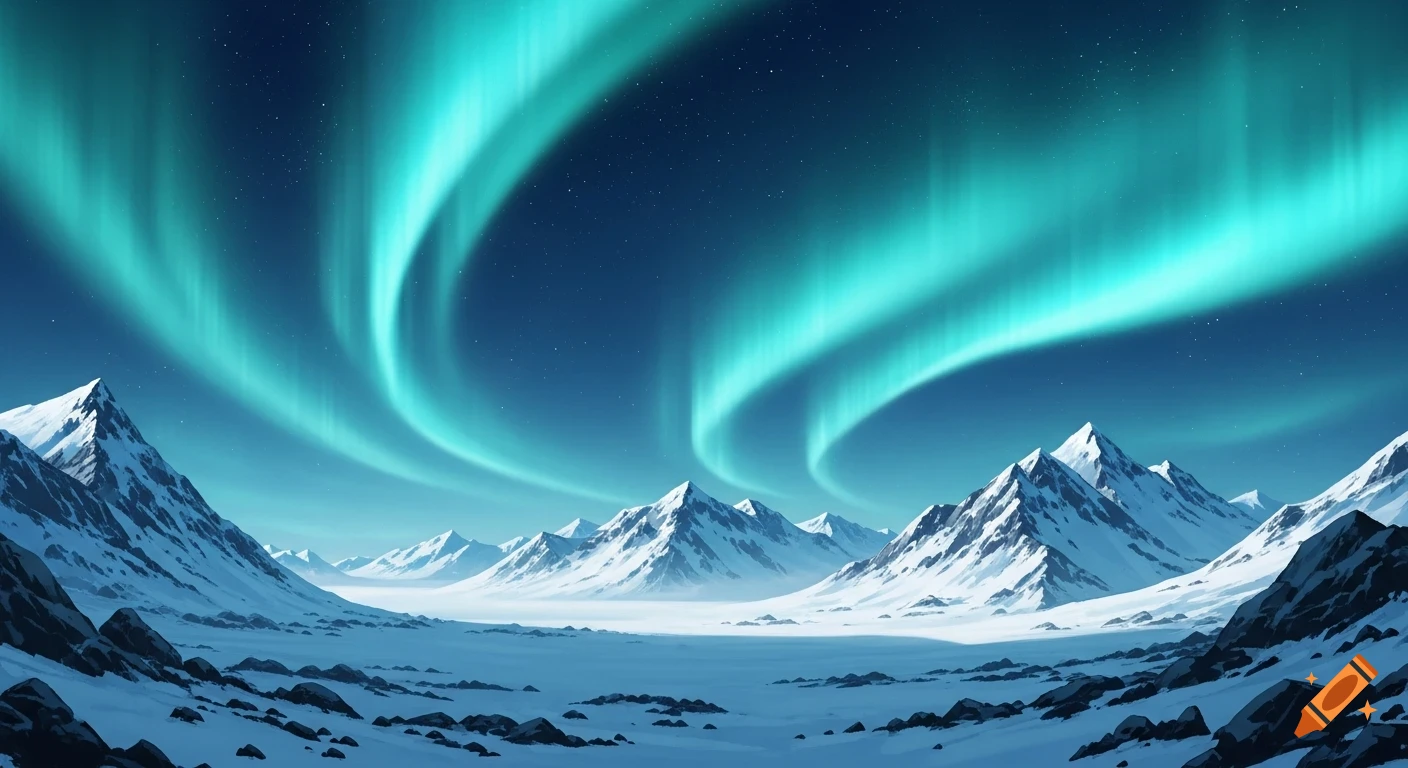 A panoramic view of snow-capped mountains and a vast snowy plain beneath a dark sky filled with vibrant turquoise northern lights.