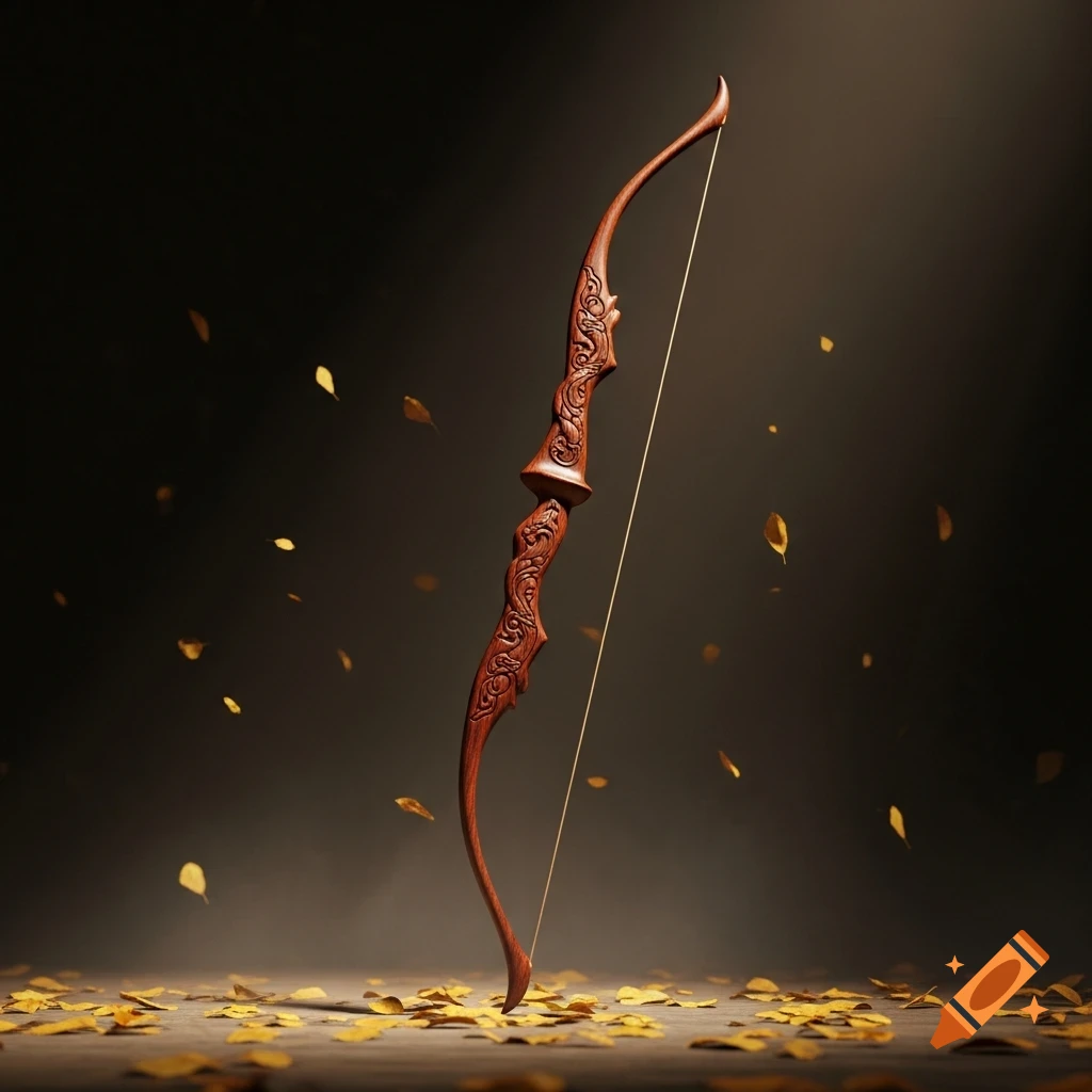 A dark, intricately carved wooden bow stands on a ground covered in yellow autumn leaves, with more leaves floating in a dark background.