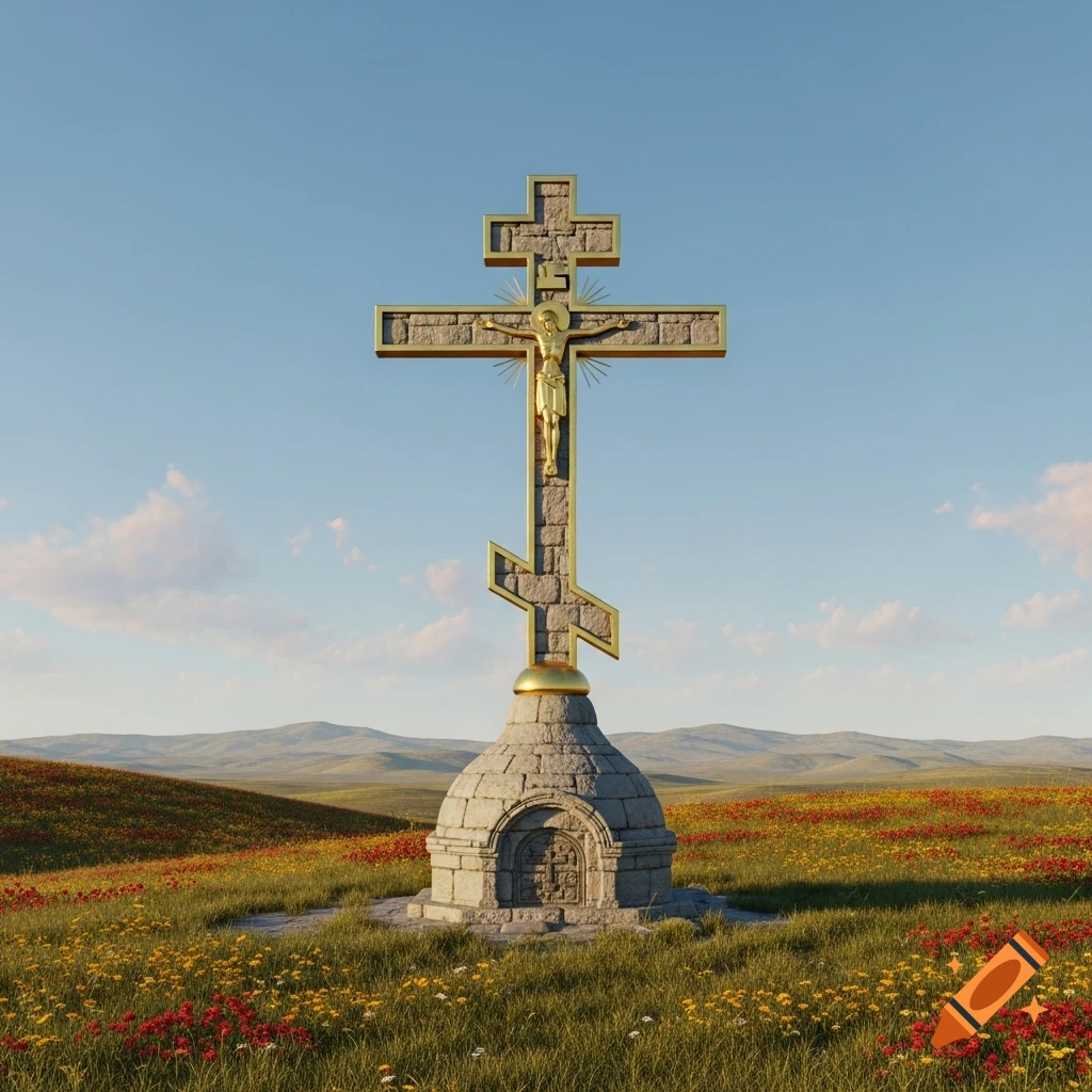 A tall, stone and gold Russian Orthodox cross with a crucifix stands in a vibrant field of wildflowers under a clear blue sky.