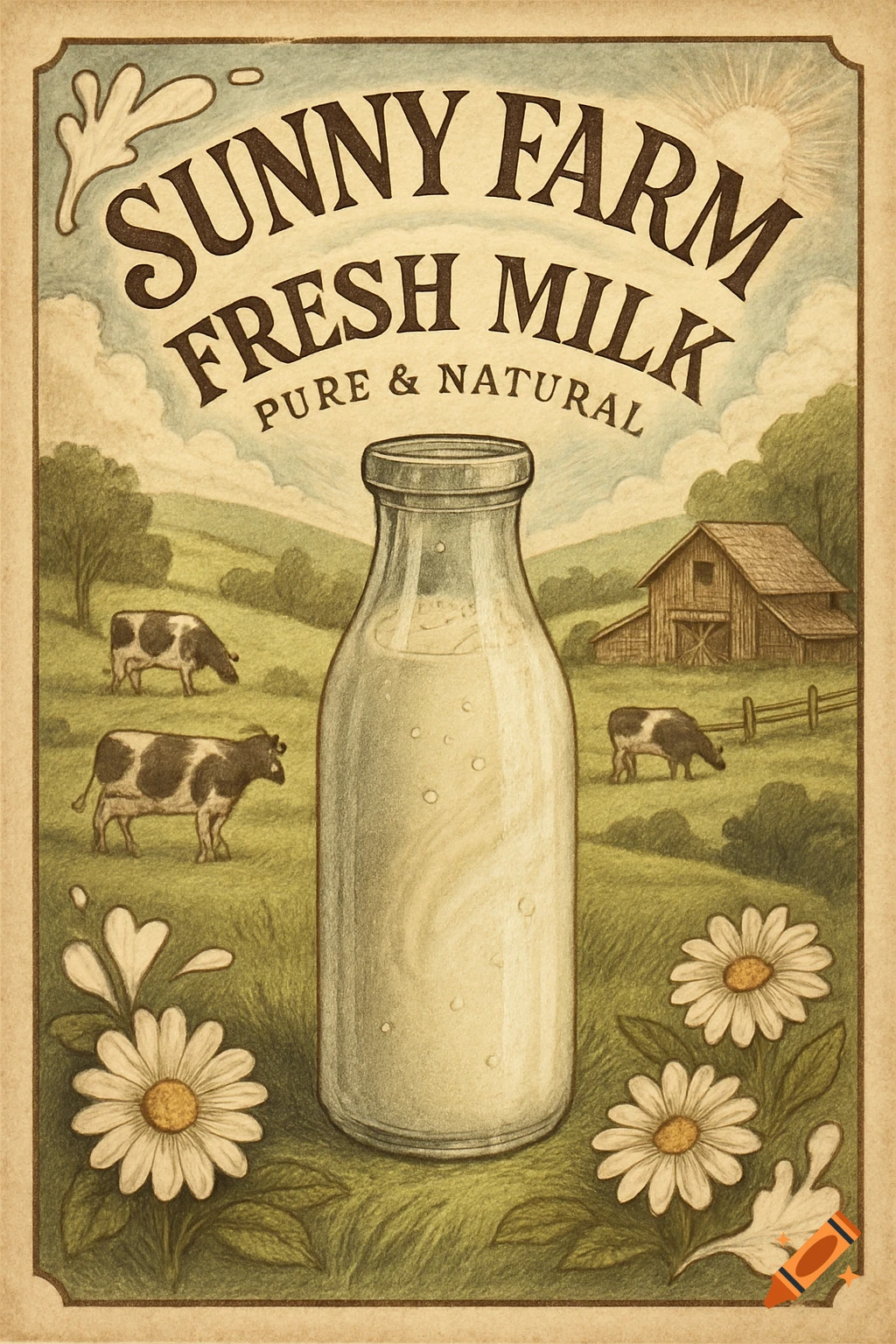 Vintage-style colored pencil drawing of a milk advertisement with a bottle of milk, cows, barn, and daisies on a farm.
