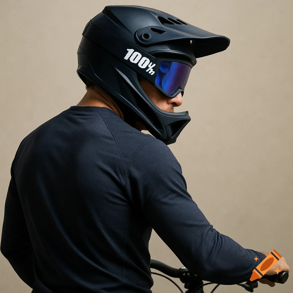 Photorealistic rear view of a person in a black full-face mountain biking helmet with blue mirrored goggles and a dark jersey, holding handlebars.