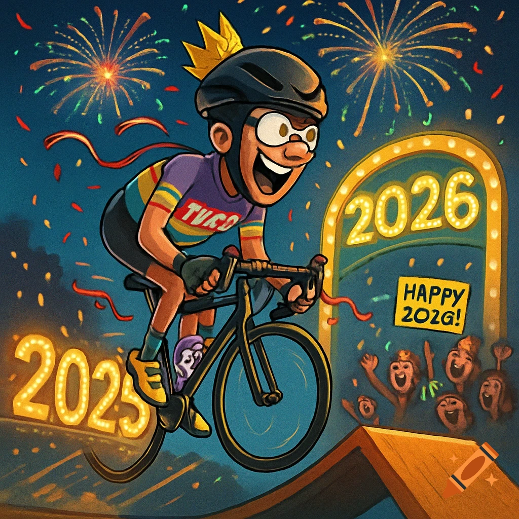 A happy cartoon cyclist with a crown on his helmet jumps over a ramp from "2025" towards a "2026" archway, surrounded by fireworks and confetti.