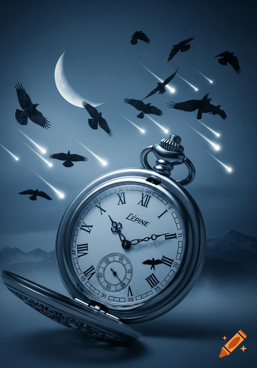 An open silver pocket watch on a surface under a dark, star-streaked night sky with a crescent moon and flying crows.
