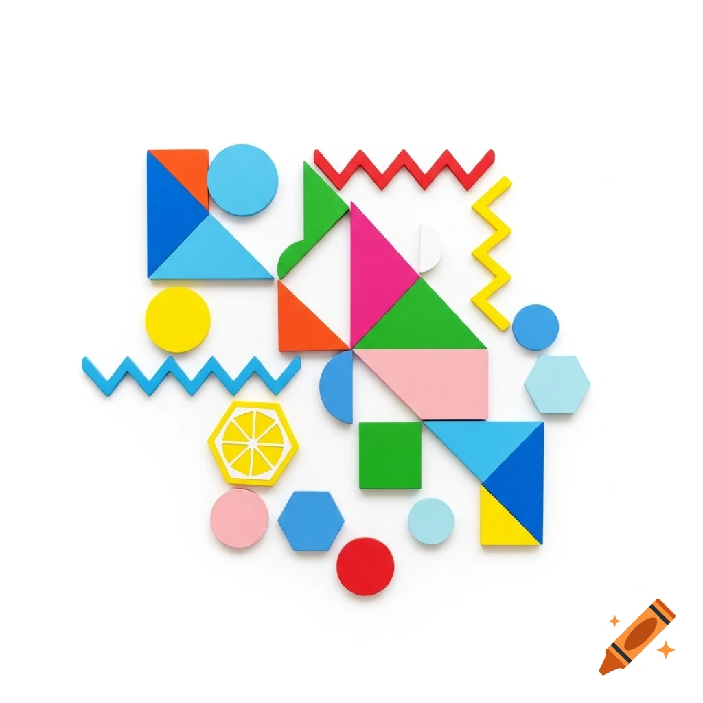A vibrant arrangement of colorful geometric shapes including circles, triangles, squares, hexagons, and zigzags on a white background.