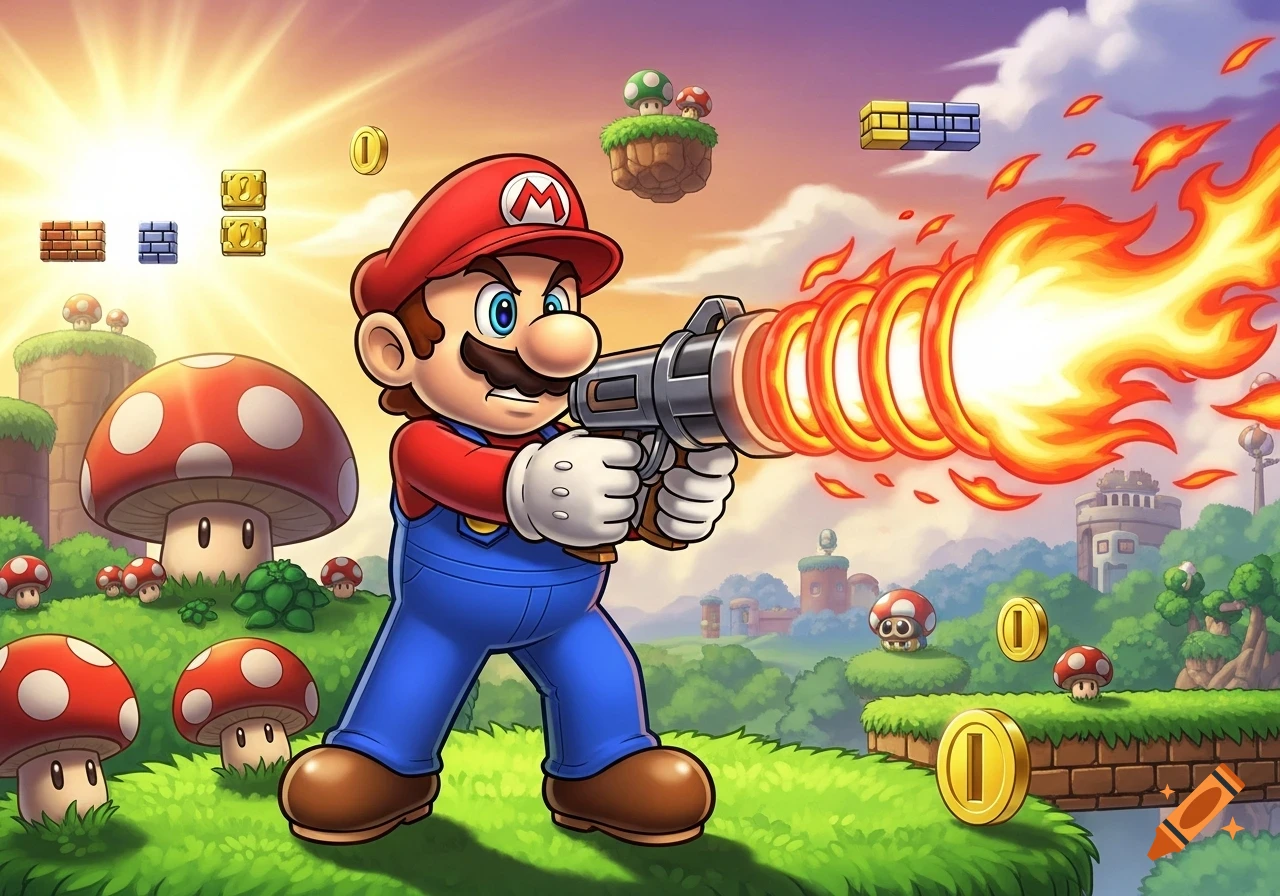 Cartoon Mario wielding a fire gun in a colorful Super Mario landscape with mushrooms, coins, and blocks.