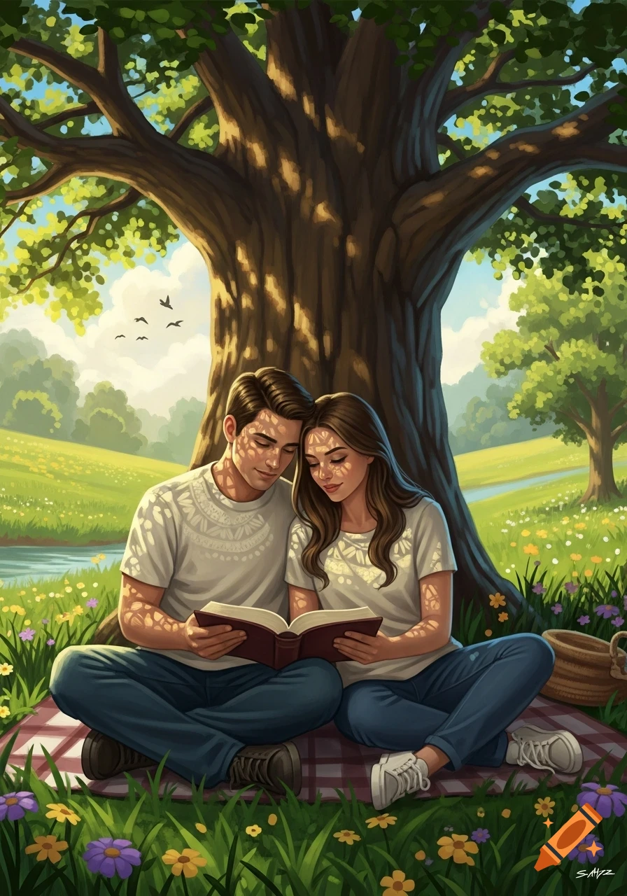 An illustration of a couple sitting on a picnic blanket under a large tree, reading a book in a sunny park.