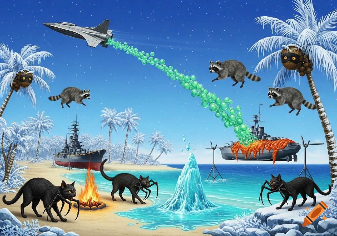 A surreal winter tropical island scene with snow-covered palm trees and flying raccoons. A jet emits green bubbles, a battleship roasts on a spit, and black cats with spider claws are on the beach with an ice fire.