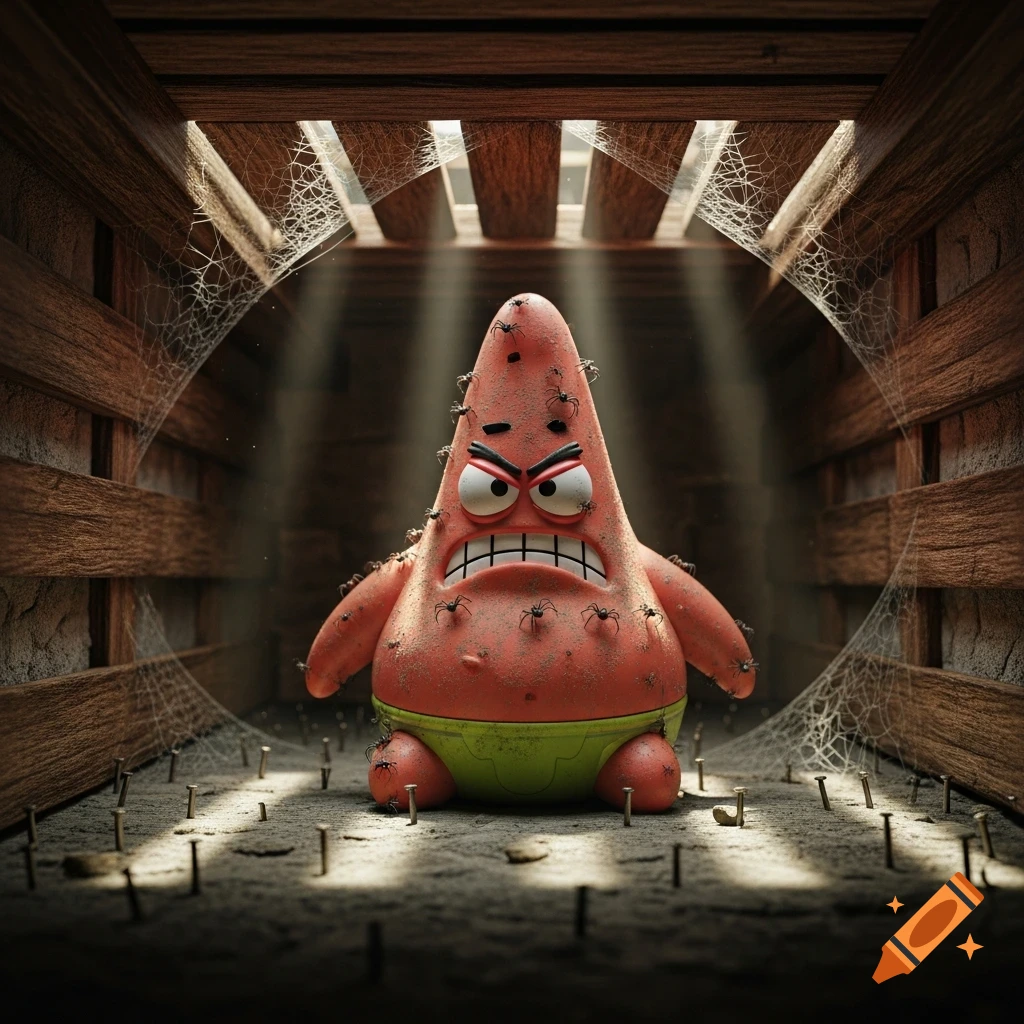 Angry Patrick Star figure covered in spiders and dust in a dusty wooden crawlspace with nails.