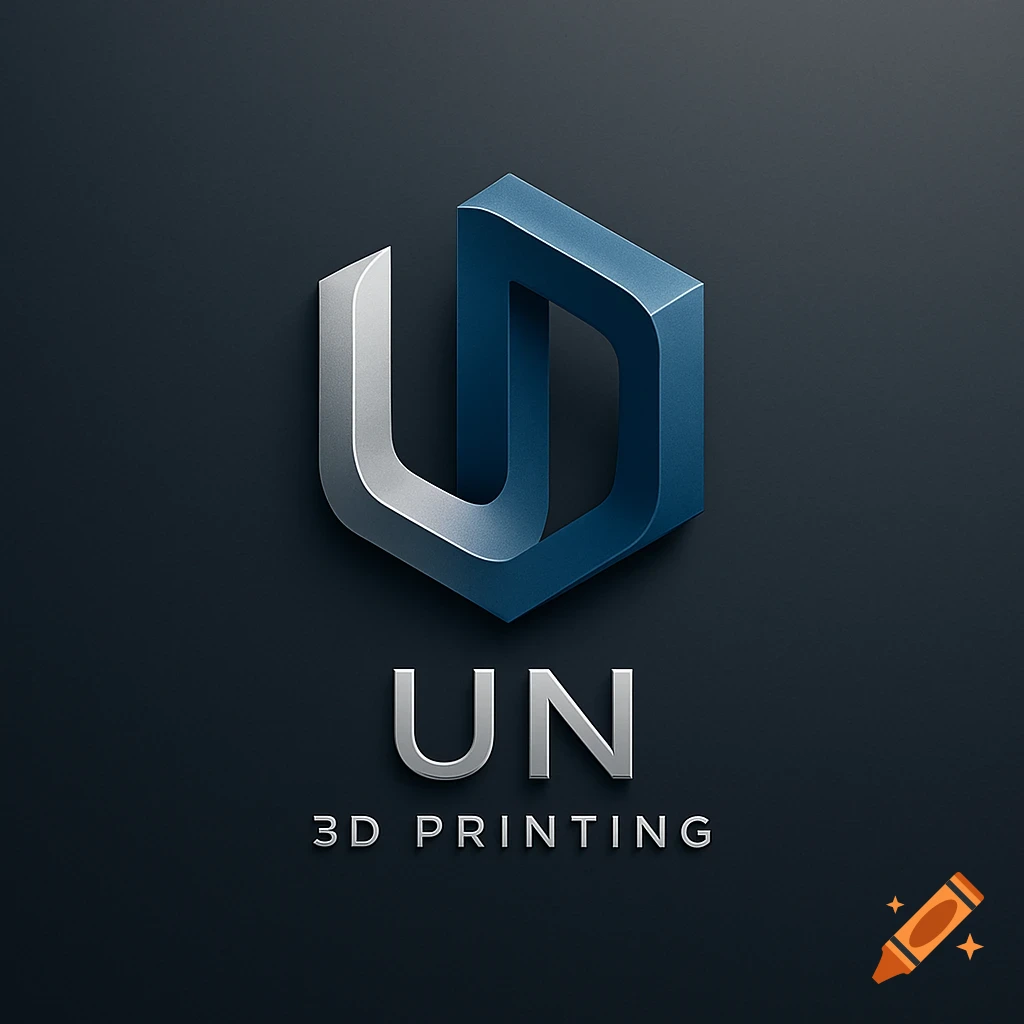 3D rendered logo for UN 3D Printing, featuring a stylized U-shaped silver and blue interlocking design on a dark background.