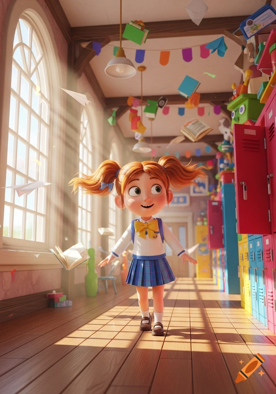 A cheerful cartoon girl with pigtails and a school uniform walks through a brightly lit hallway filled with lockers and flying books.
